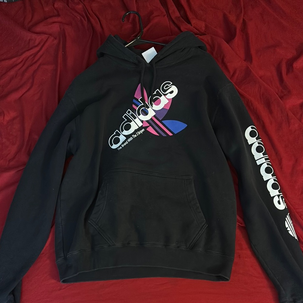 Adidas Black Hoodie with Pink and Blue Logo